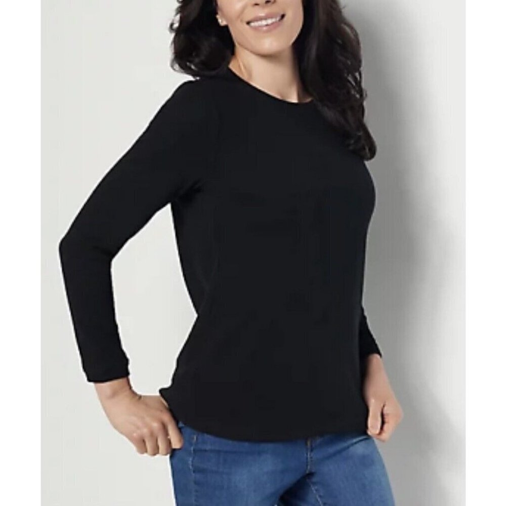 Denim & Co. Essentials Waffle Knit Long-sleeve Top (black, X-Small)
